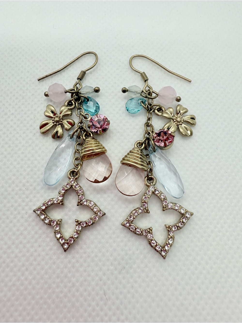 Vintage-Inspired Pink and Blue Crystal Dangle Earrings